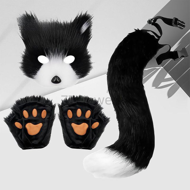 YIRAN Cosplay Kostüm Set, Fuchs Schwanz Katze Wolf, Plüsch Maske, Pfoten Handschuhe, Grau - Bild 1