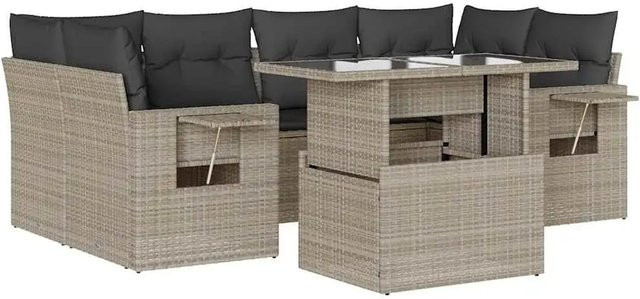 vidaXL 7-teilige Garten-Sofagarnitur in L-Form aus Poly-Rattan mit Kissen in Hellgrau - Bild 1