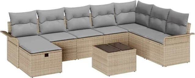 vidaXL Garten-Sofa-Set aus Polyrattan in L-Form mit 9 Teilen, Beige, inklusive Kissen und integriertem Stauraum - Bild 1