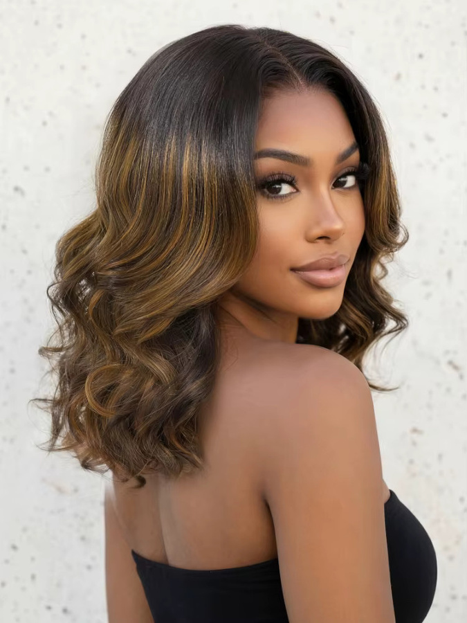 UNice Balayage Highlight Welliger Bob-Perücke aus Echthaar, Unisex - Bild 2