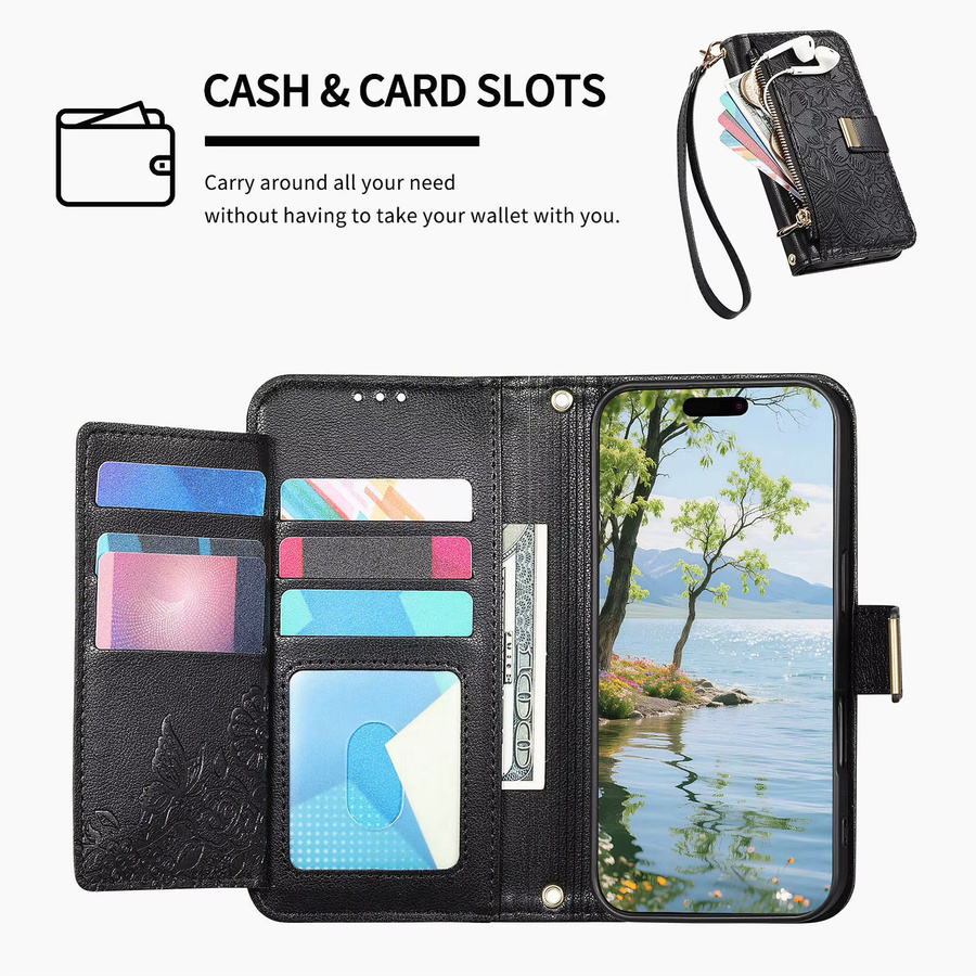 Blumenmuster Handyhülle aus PU-Leder für Samsung Galaxy S25 Plus, S24, S23 Ultra, S22 und S25 Plus als Flipcase-Geldbörse mit Kartenfach, Reißverschluss und Lanyard in Schwarz - Bild 6