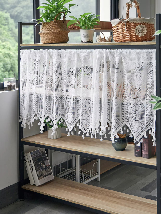 Weiße halbtransparente Küchenvorhänge mit Stangenösen, halbhohe Voile-Gardinen als Stoffpanel, Höhe: 150 cm - Bild 2