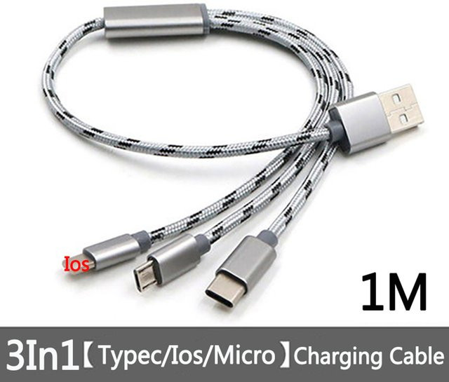 Koovesy 3-in-1 USB-Ladekabel mit Micro-USB und USB-C für iPhone und Samsung, Grau, Länge: 1 m - Bild 1