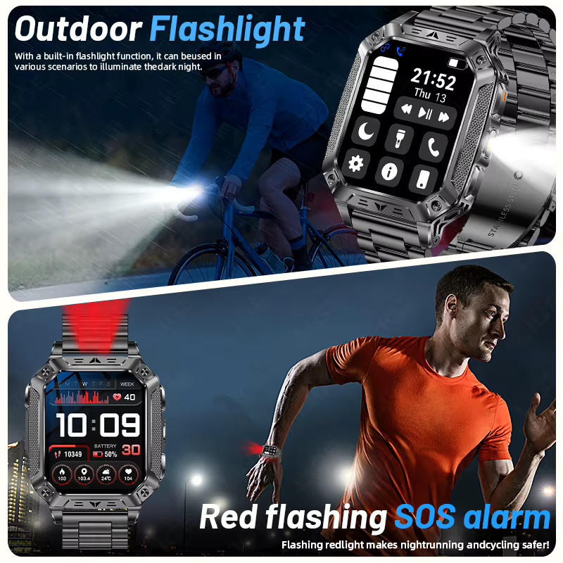 LIGE Militär Smartwatch für Männer mit 1400 mAh Akku, IP68 wasserdicht, taktische Sportuhr mit SOS-Funktion und Taschenlampe in Schwarz-Orange - Bild 3