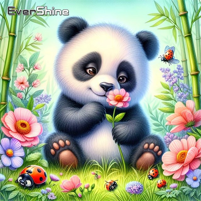Evershine Diamant-Malerei Panda-Bild mit Mosaik-Blumen und Strass-Steinen, Multicolor, B/H: 20 x 20 cm - Bild 1