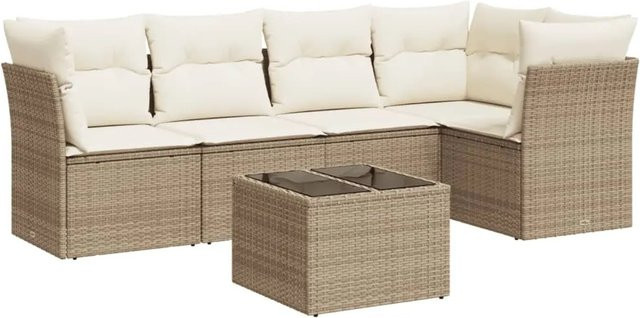 vidaXL 6-tlg Garten-Sofagarnitur in L-Form aus Polyrattan mit Tisch und Kissen, Beige/Cremeweiß - Bild 1