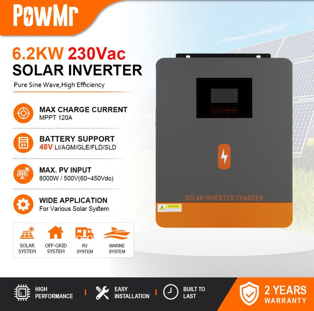 PowMr Reiner Sinus-Solarwechselrichter 6,2 kW 48Vdc 230Vac mit 120A MPPT-Ladefunktion und 8000W 500V PV-Eingang in Grau - Bild 1