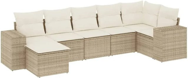 vidaXL 7-teilige Garten-Sofagarnitur in L-Form aus Poly-Rattan mit Kissen in Beige-Creme - Bild 1