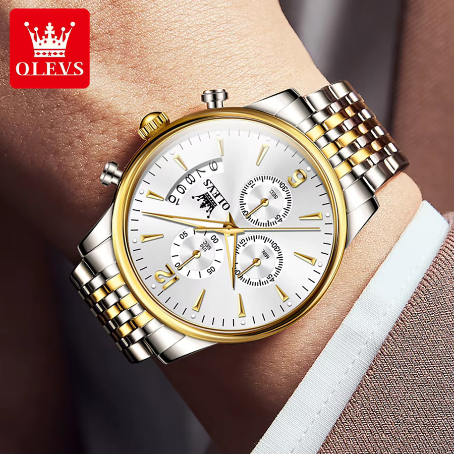 OLEVS Armbanduhr Quarz, Edelstahl, Gold, Blau, Herren - Bild 4