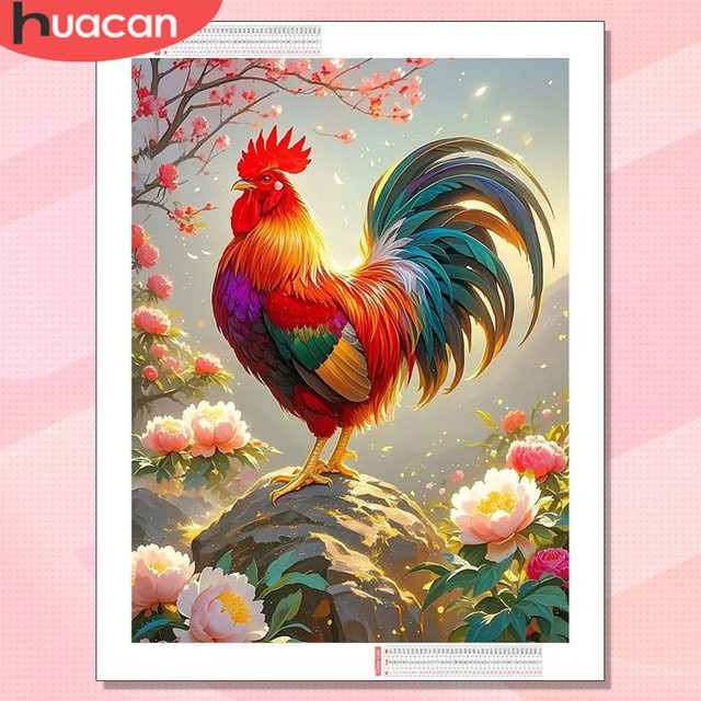 HUACAN Diamond Painting Set Hahn mit Pfingstrosen Blumen als Mosaik Kunsthandwerk in Multicolour - Bild 1