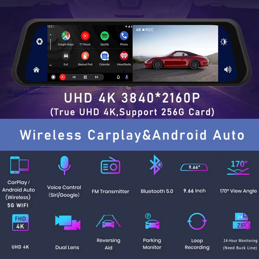 USEEBEE Dash Cam 4K UHD Rückspiegel mit Android Auto, Apple CarPlay, GPS und 5G WIFI in Schwarz - Bild 2