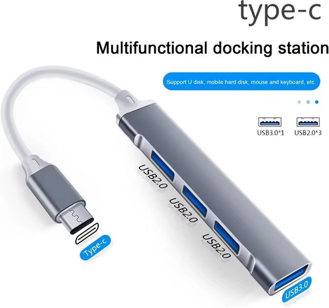 YOLPHA 4-Port USB-C Hub Dockingstation Multi-Verteiler-Adapter OTG in Silber und Grau für MacBook Pro, Air, Lenovo und Xiaomi - Bild 1
