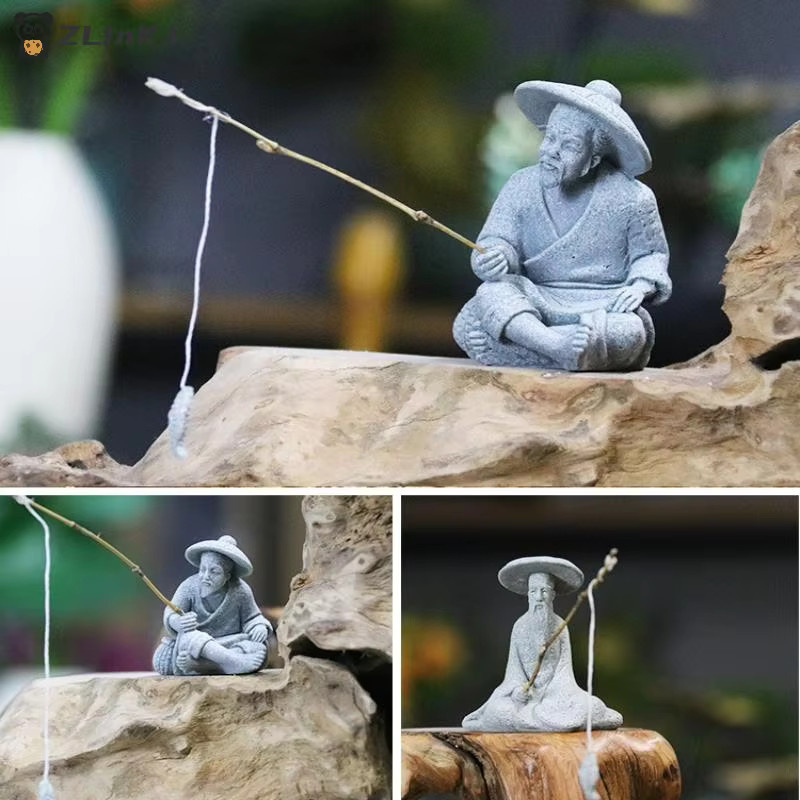 JETTING Mini-Fischer-Statue aus Sandstein in Grau als asiatische Zen-Dekoration für Aquarium und Garten - Bild 2