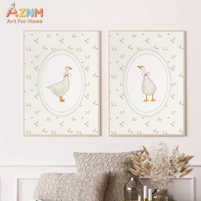 AZNM Leinwanddruck mit weißer Gans und rosa Schleife, Vintage Blumenmuster Wanddekoration für das Kinderzimmer, ungerahmt - Bild 1