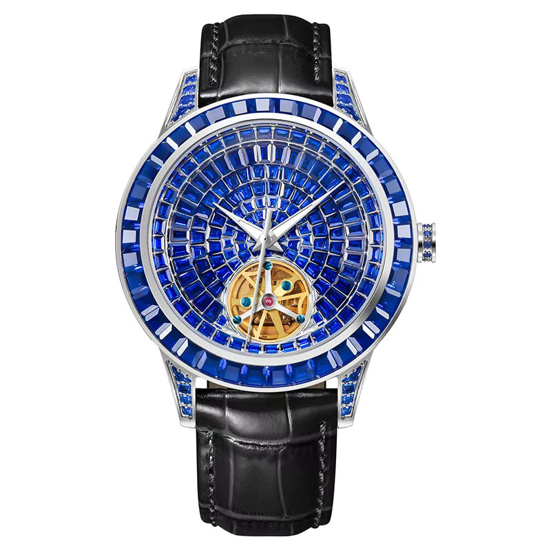 PINDU Armbanduhr, mechanisch, Edelstahl, Leder, Diamant, Herren, Schwarz - Bild 6
