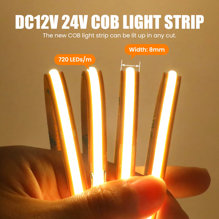 HEGEHE COB LED-Streifen Warmweiß, 12V 24V, 720 LEDs/m, Breite: 8 mm, flexibel und frei zuschneidbar für Schrank- und Treppenbeleuchtung - Bild 2
