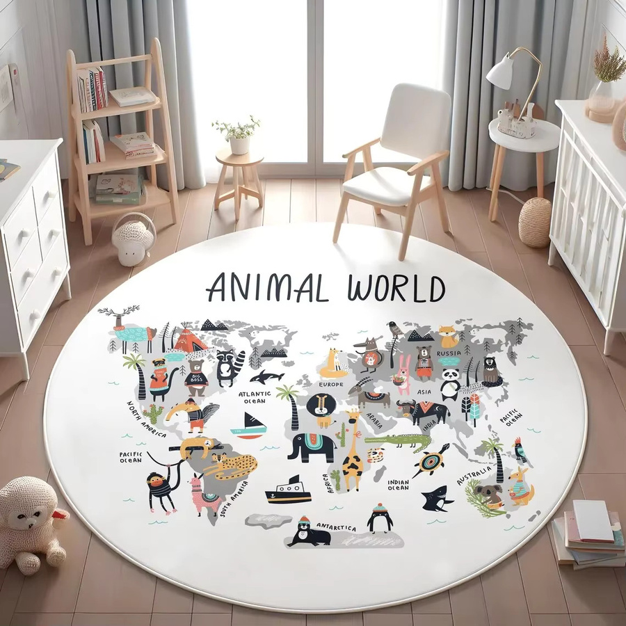 Runde Kinderspielmatte mit Cartoon-Tier-Weltkarte in Multicolour für das Kinderzimmer und Wohnzimmer - Bild 1