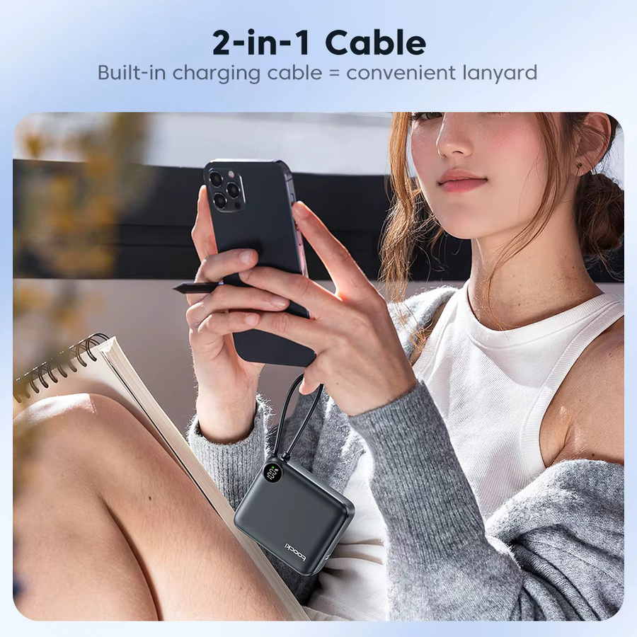 Toocki Tragbare Powerbank mit integriertem USB-C-Kabel, 10000 mAh, PD 22,5 W Schnellladegerät, Schwarz - Bild 3