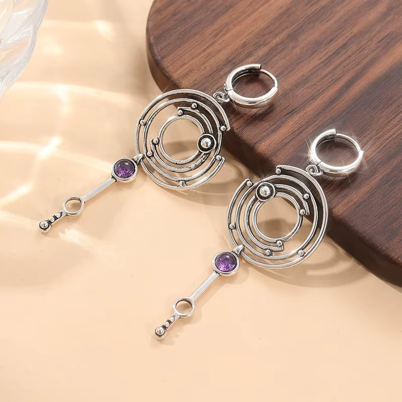 Ohrringe, Silber Farbe, Metall, Geometrische Spirale, Lila Steine, Damen - Bild 2