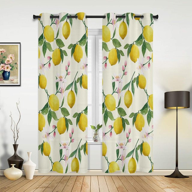 Moderne Vorhänge mit Aquarell-Zitronen-Motiv in Weiß und Gelb, halbtransparent für Wohnzimmer, Küche oder Kinderzimmer, Breite: 135 cm, Höhe: 92 cm - Bild 1
