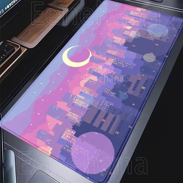 Eenehana Gaming-Mauspad Pixel Style Moon Cloud City in Multicolour mit HD-Druck und Overlock-Rand - Bild 1