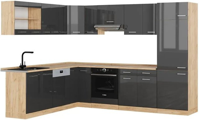 Vicco R-Line Eckküche in Anthrazit Hochglanz und Goldkraft Eiche, moderne Einbauküche ohne Elektrogeräte, B/T/H: 227 x 287 x 207 cm - Bild 1