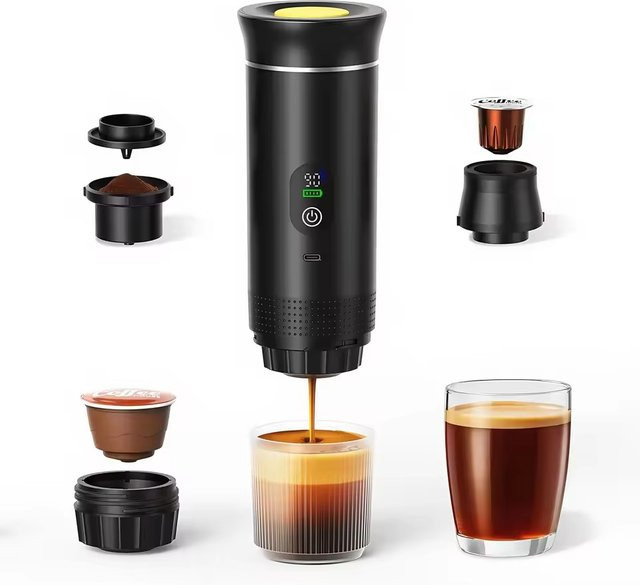 PLUZZ Tragbare 3-in-1 Espresso-Kaffeemaschine mit Digitalanzeige in Schwarz für Auto, Camping und Zuhause - Bild 1