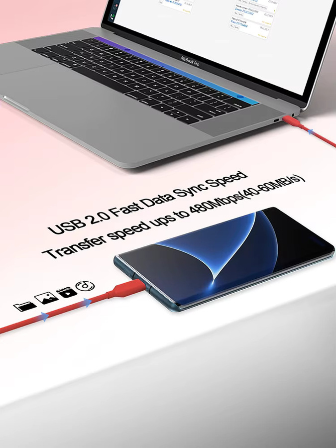 Koovesy USB-C-auf-Typ-C-Kabel in Rot mit 60 W PD Schnellladefunktion und Datenübertragung, Länge: 2,8 m - Bild 4