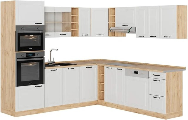 Vicco R-Line Eckküche Landhaus Weiß Struktur und Eiche ohne Arbeitsplatte und Elektrogeräte B/T/H: 237 x 60 x 247 cm - Bild 1