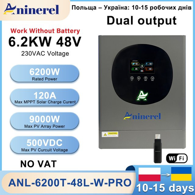 Aninerel Hybrid-Solarwechselrichter mit Doppelausgang und RGB-Farb-LCD-Display, 4,2KW 24V oder 6,2KW 48V, MPPT 120A 100A, Grau/Multicolor - Bild 1