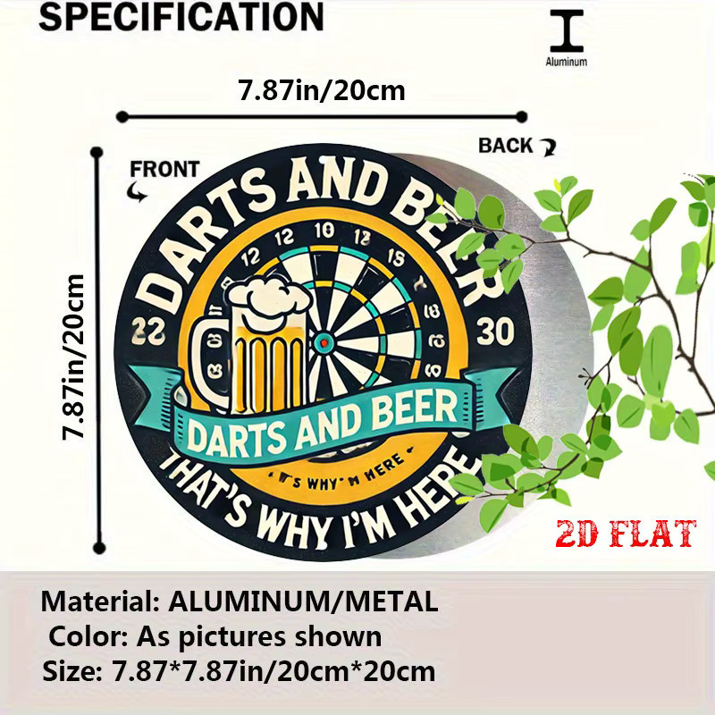 Rundes Aluminiumschild Potdemiel mit Retro-Dart- und Biermotiv, rustikale Metallwandkunst in Multicolour, Durchmesser: 20 cm - Bild 2