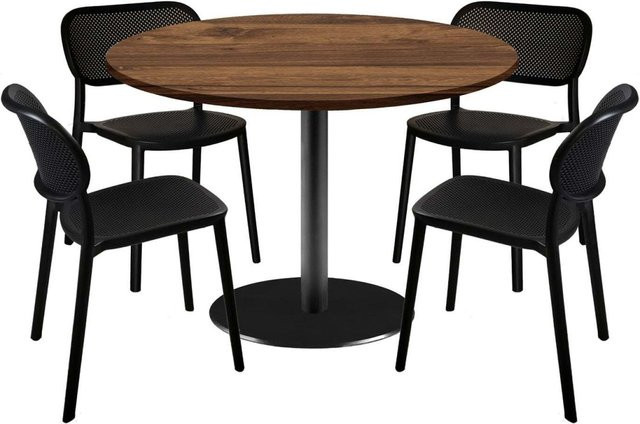 RestooTab Esstisch-Set Rome XL mit 4 Stühlen, runder Esstisch in Eiche Wenge und Schwarz, Durchmesser: 120 cm, Höhe: 75 cm - Bild 1