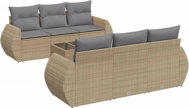 vidaXL 7-teilige Garten-Sofagarnitur in L-Form aus Poly-Rattan in Beige-Grau mit Tisch und Polsterkissen inklusive Stauraum - Bild 1