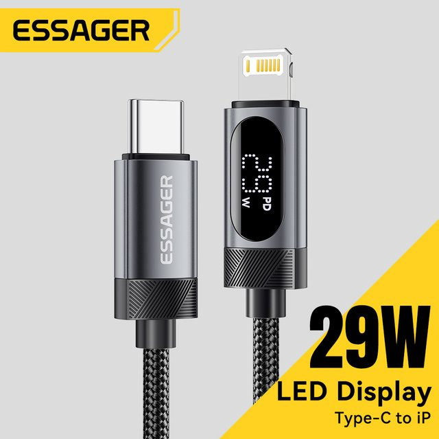 Essager USB-C-Kabel mit Digitalanzeige für PD 29 W Schnellladung, kompatibel mit iPhone 14 13 12 11 Pro Max, iPad und MacBook, in Schwarz oder Grau - Bild 1