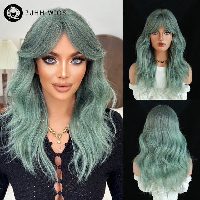 7JHH WIGS Wasserwellen-Perücke, Grün, Damen, Synthetik, Mittelscheitel, Pony - Bild 1