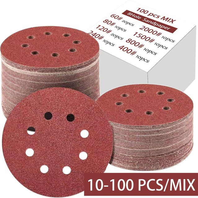 Schleifscheiben Set mit 8 Löchern und 125mm Durchmesser für Holz, Metall und Jade, Körnung 40-3000, 10-100 Stück - Bild 1