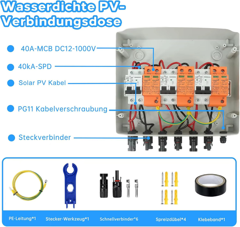 Überspannungsschutz PV 3-String Solar-Anschlussbox mit 40A/1000V DC Trennschalter und Blitzschutz in Schwarz und Weiß - Bild 3