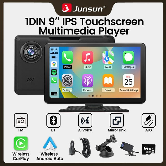 Junsun 9 Zoll Auto Dash Cam mit 4K DVR, Wireless Apple CarPlay und Android Auto, Dual Lens Video Recorder in Schwarz - Bild 1