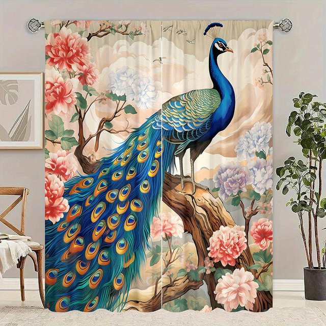 Zwei dekorative Vorhänge mit hellem Phönixmuster und 3D-Digitaldruck für Wohnzimmer und Schlafzimmer, halbtransparent, B: 50 cm, H: 130 cm - Bild 1