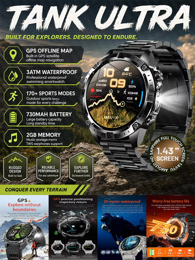 GUHUAVMI Outdoor Militär Smartwatch in Schwarz mit AMOLED-Display, GPS-Karte, Kompass, 3ATM Wasserdichtigkeit, 170+ Sportmodi und Bluetooth-Anruffunktion für Herren - Bild 5