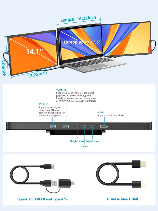 Dopesplay Triple Tragbarer Monitor für Laptop 14,1 Zoll FHD IPS Extender Bildschirm mit USB-C, Schwarz - Bild 4