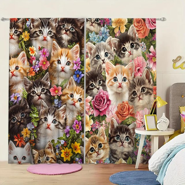 2er-Set Kätzchen bedruckte Vorhänge mit Katzenmotiv in Schwarz, halbtransparent, Breite: 52,5 cm, Höhe: 116 cm - Bild 1