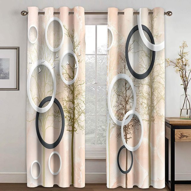 A Family Of Home Textiles Retro Fenstervorhänge mit abstraktem Kreislinien- und Blumenmuster, halbtransparent, Mehrfarbig, B: 50 cm, H: 130 cm, 2er-Set mit Haken - Bild 1