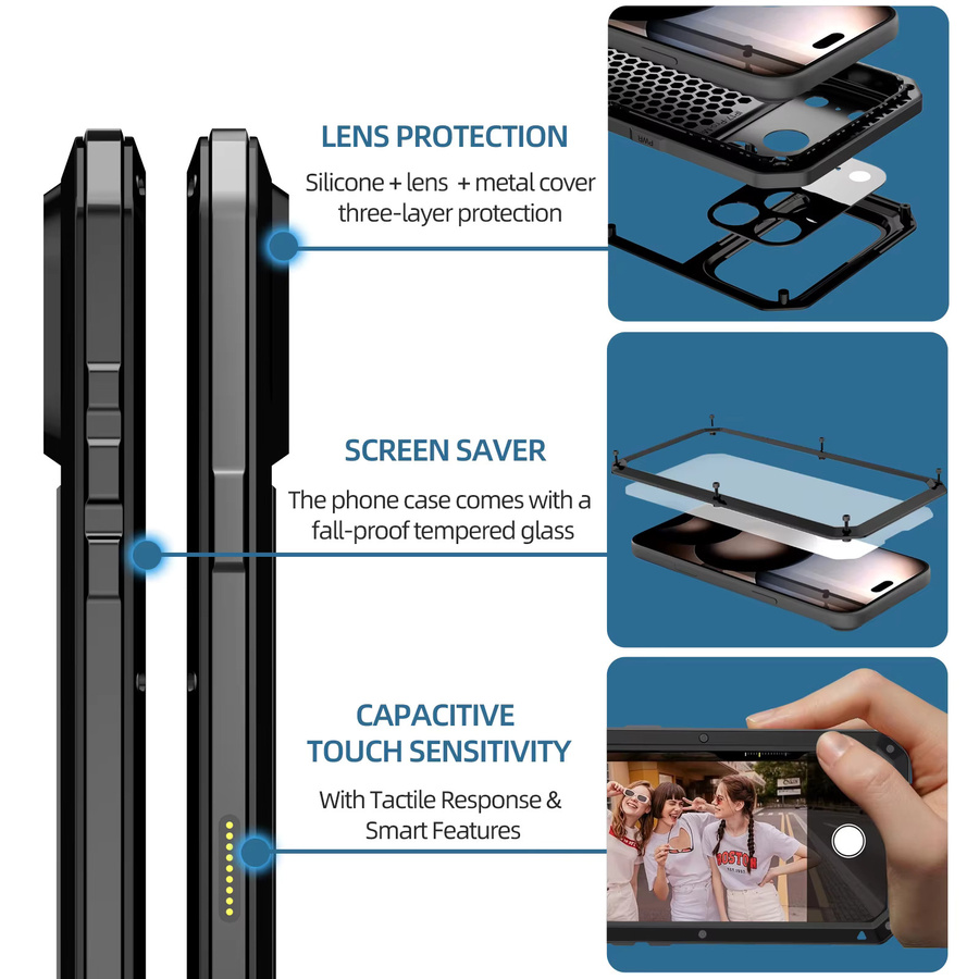WENBIN Robuste Metall Schutzhülle für iPhone 17, 16, 15 Pro Max und 15 Plus, 360 Grad Ganzkörperschutz, Stoßfest, Farbe: Silber oder Schwarz - Bild 4