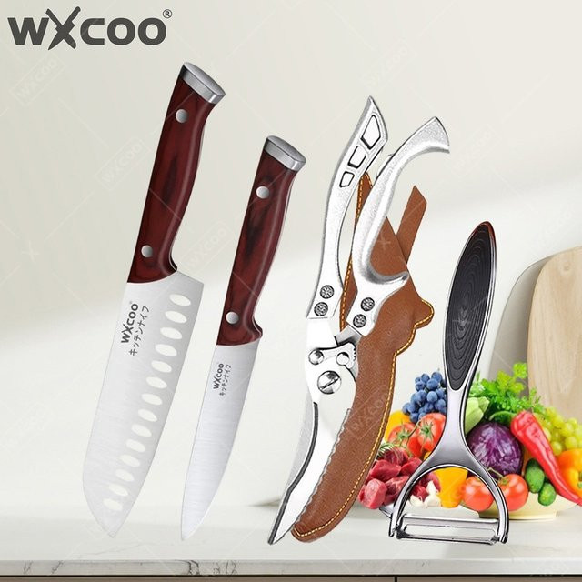 WXCOO Japanisches Kochmesser-Set aus Edelstahl in Silber mit Metzgerbeil, BBQ-Messer, Küchenschere und Obstmesser - Bild 1