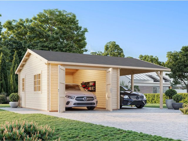 Palmako Garage Roger aus Fichtenholz mit Satteldach und Holztor, Farbe Braun, B/T/H: 703 x 619 x 316 cm - Bild 1