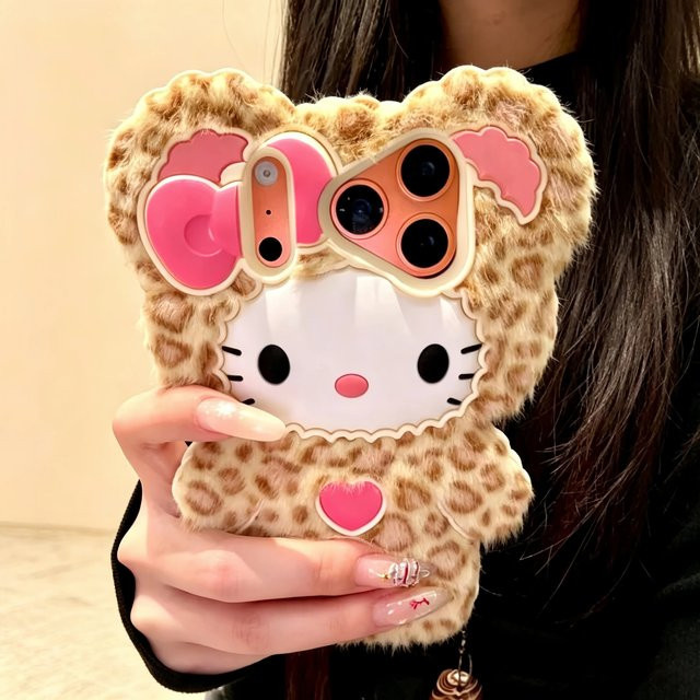 Sanrio Hello Kitty Handyhülle mit Leopardenmuster aus flauschigem Plüsch und Silikon-Rückseite für iPhone 17 16 15 14 13 12 Pro Max Plus in Multicolour - Bild 1