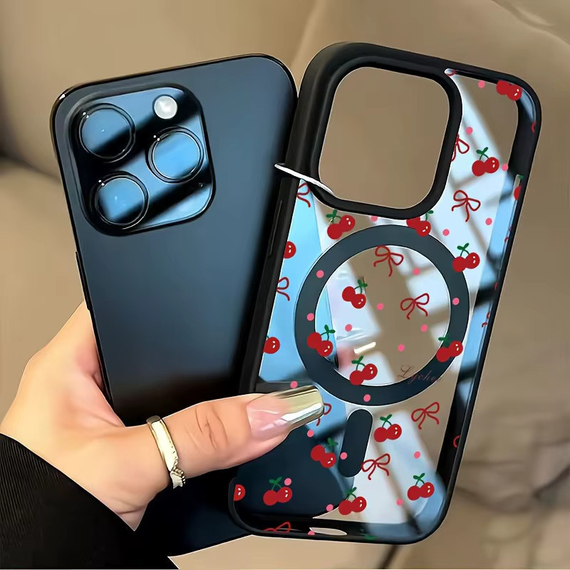 Transparente Samsung Handyhülle mit rotem Kirschblüten-Schleifenmuster und Magnetfunktion in Rot und Pink - Bild 3
