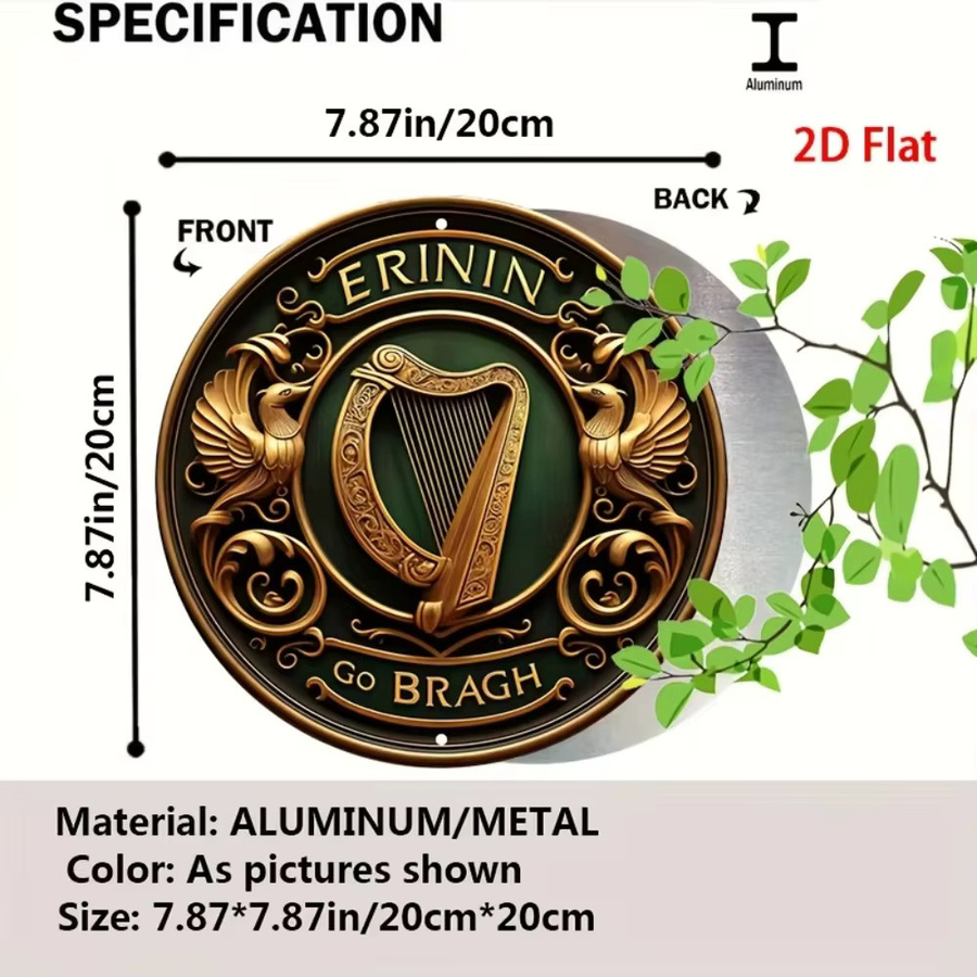 HELLOYOUNG Wanddekoration Erinnin Go Bragh mit irischer Harfe, rundes Metallschild in Grün, Durchmesser: 20 cm - Bild 3