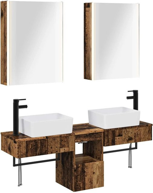 vidaXL Badezimmerschrank-Set 5-teilig aus Altholz in Braun, modern mit LED-Beleuchtung und Spiegelschrank, B/T/H: 53 x 15,5 x 70 cm - Bild 1